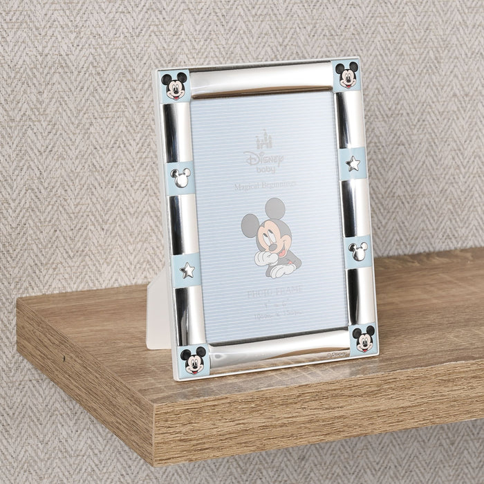 Disney 4" x 6" Mickey Mouse Border Silver 999 Plated Frame With White Wooden Back